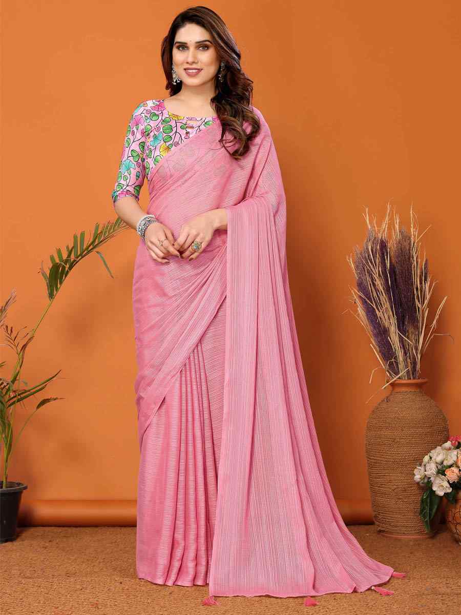 Pink Polyester Silk Handwoven Festival Casual Classic Style Saree