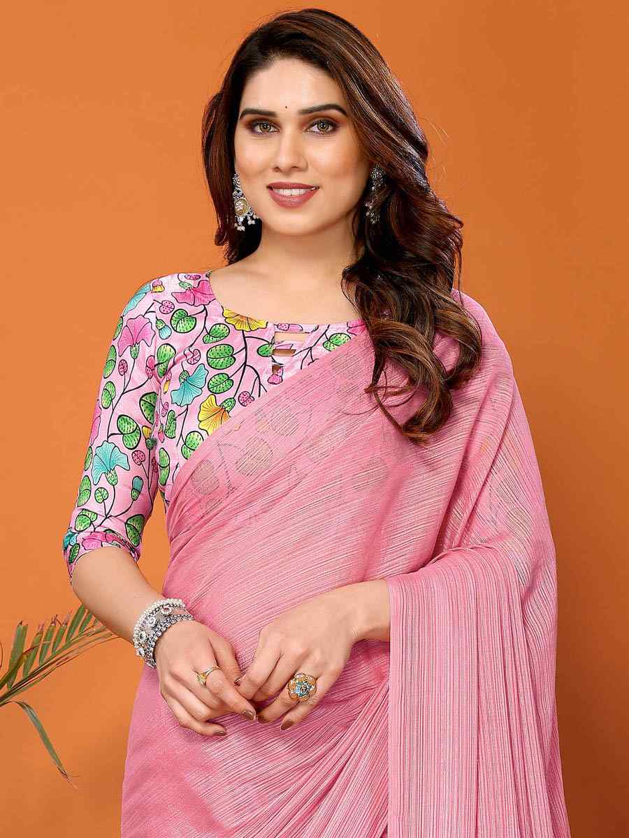 Pink Polyester Silk Handwoven Festival Casual Classic Style Saree