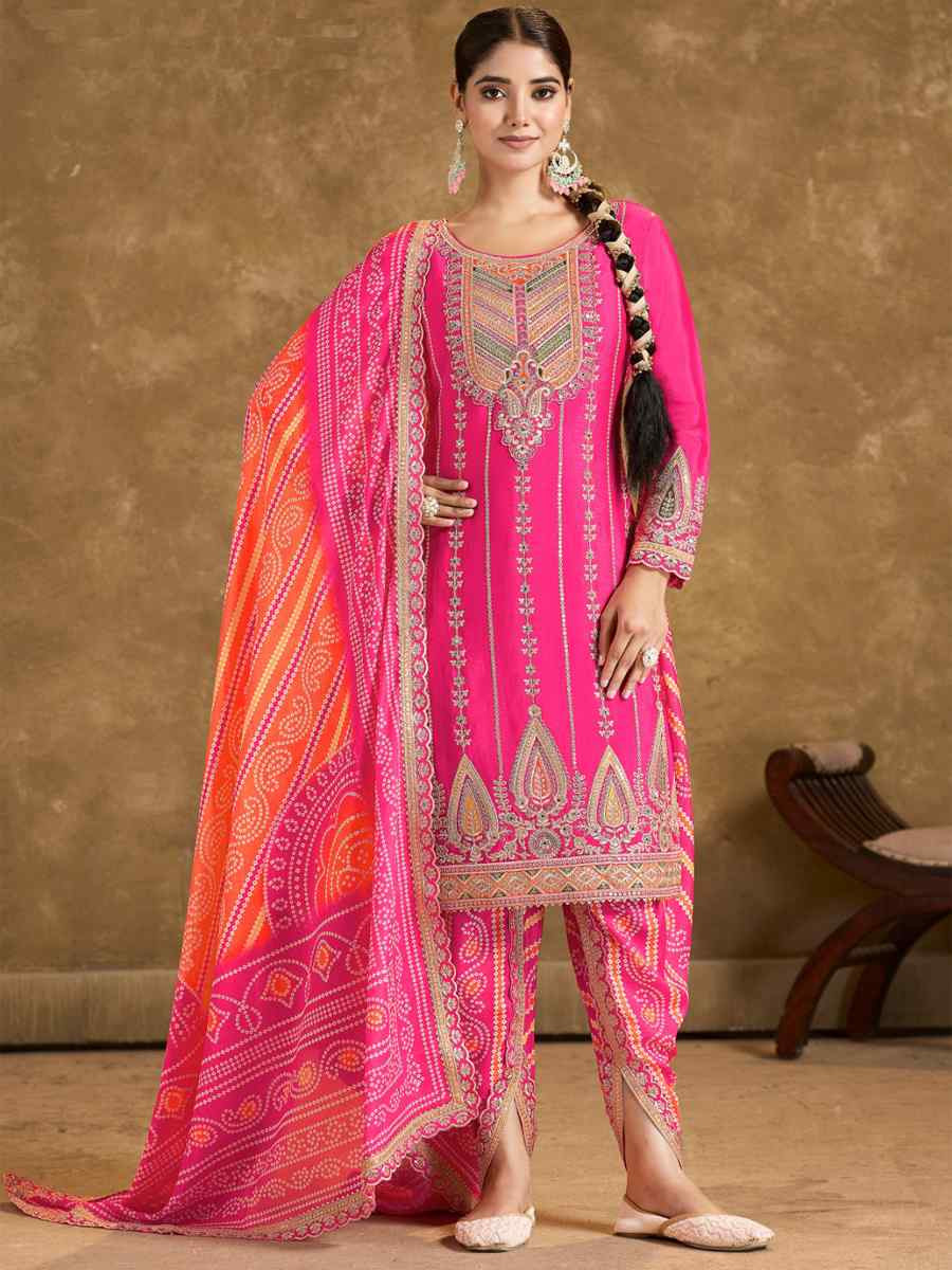 Pink Premium Fiber Chinon Embroidered Festival Wedding Ready Patiala Salwar Kameez