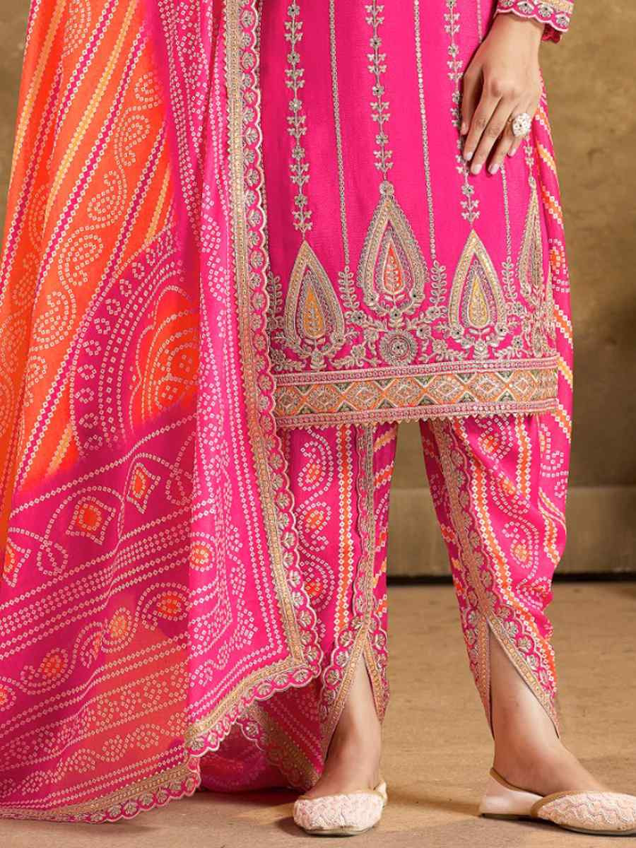 Pink Premium Fiber Chinon Embroidered Festival Wedding Ready Patiala Salwar Kameez