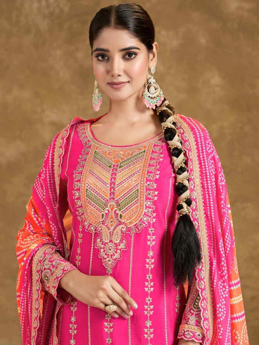 Pink Premium Fiber Chinon Embroidered Festival Wedding Ready Patiala Salwar Kameez