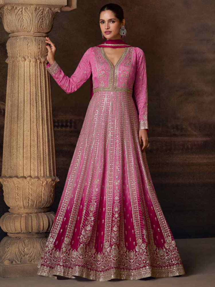 Pink Premium Real Chinon Silk Embroidered Festival Casual Gown