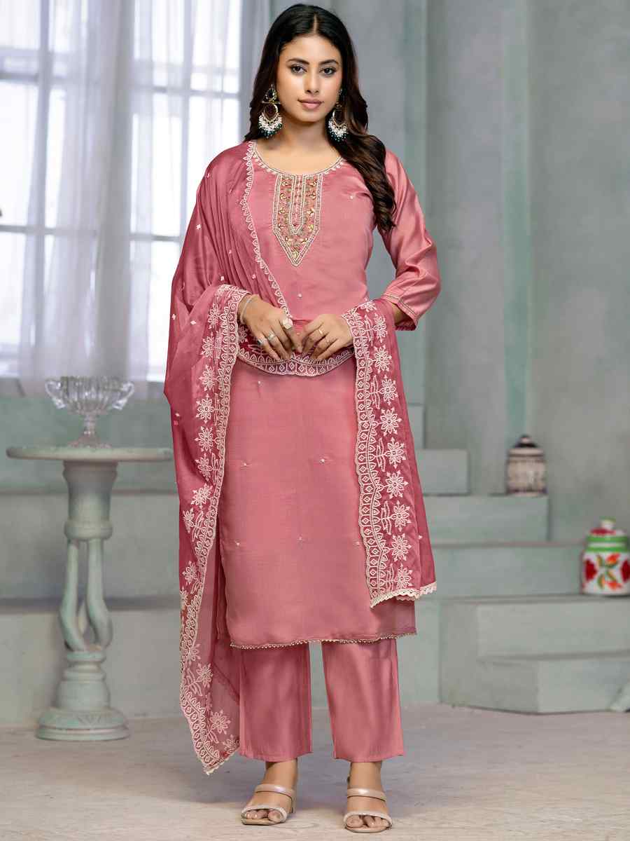 Pink Premium Roman Cotton Embroidered Festival Casual Ready Pant Salwar Kameez