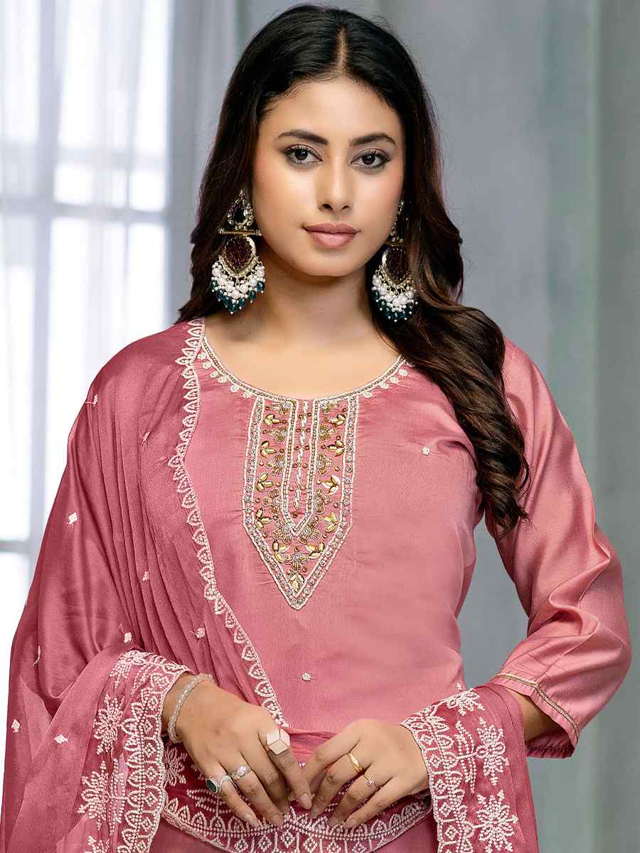 Pink Premium Roman Cotton Embroidered Festival Casual Ready Pant Salwar Kameez