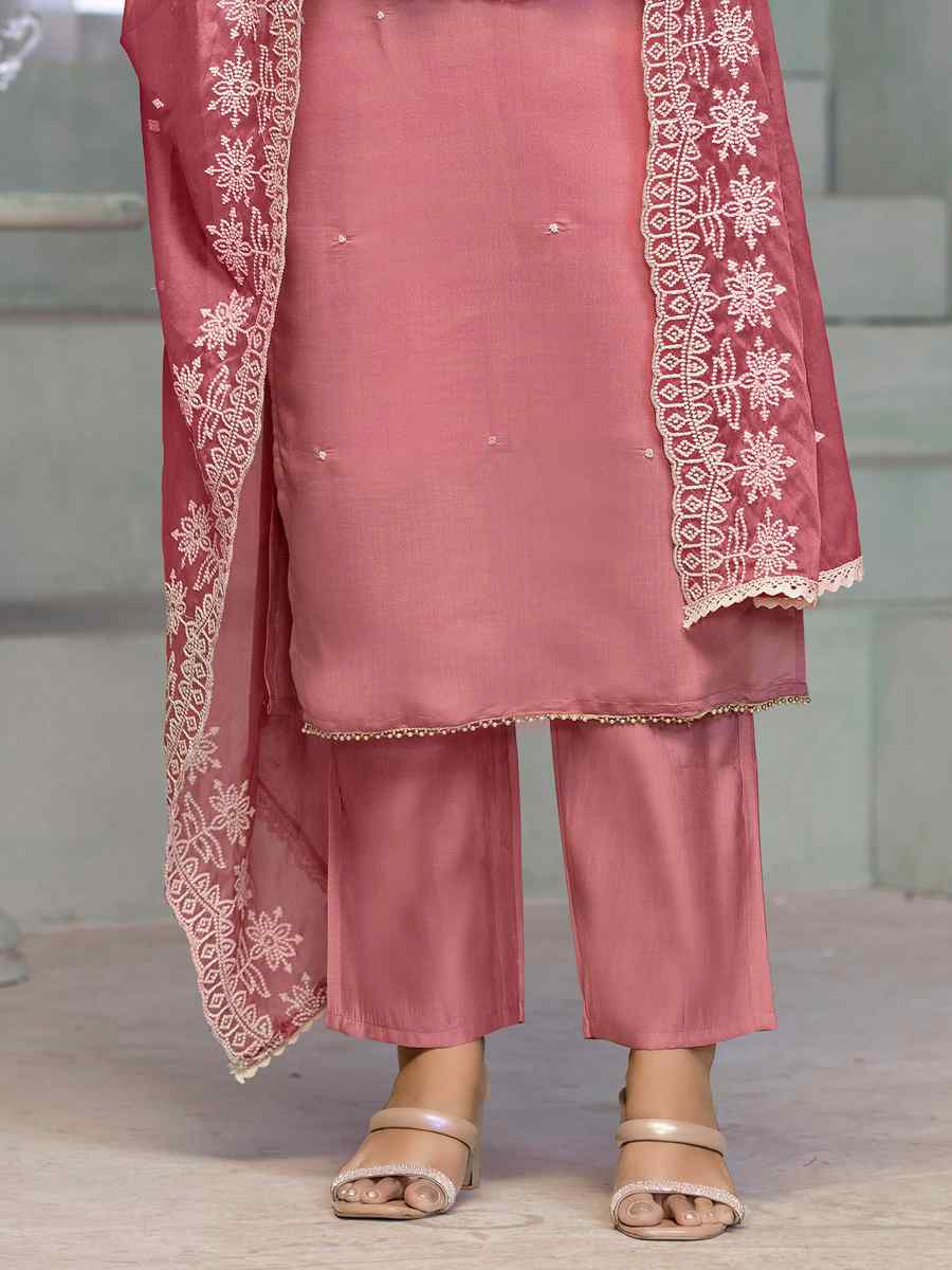 Pink Premium Roman Cotton Embroidered Festival Casual Ready Pant Salwar Kameez