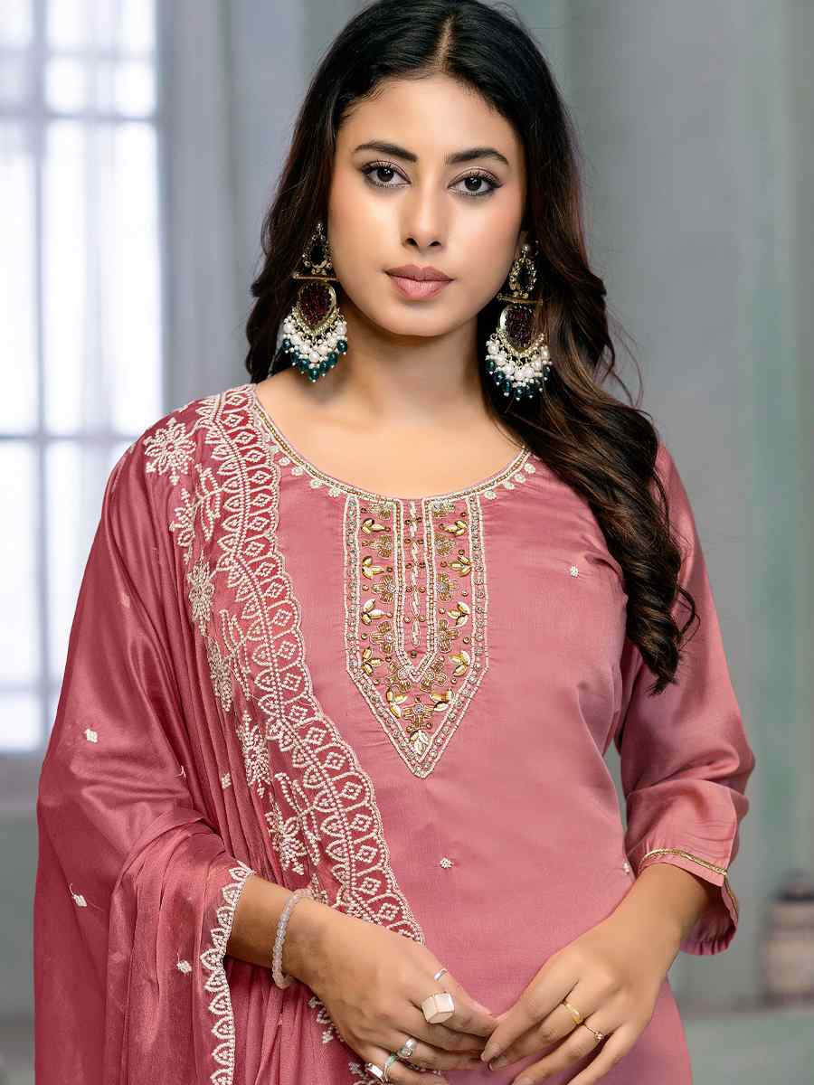 Pink Premium Roman Cotton Embroidered Festival Casual Ready Pant Salwar Kameez