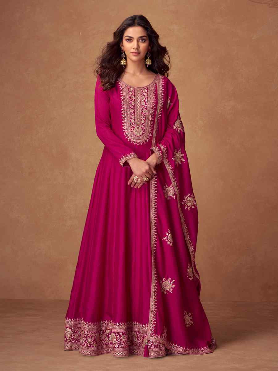 Pink Premium Silk Embroidered Festival Casual Gown