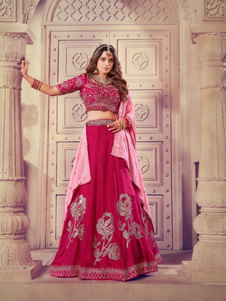 Pink Premium Viscose Upada Silk Embroidered Festival Wedding Heavy Border Lehenga Choli