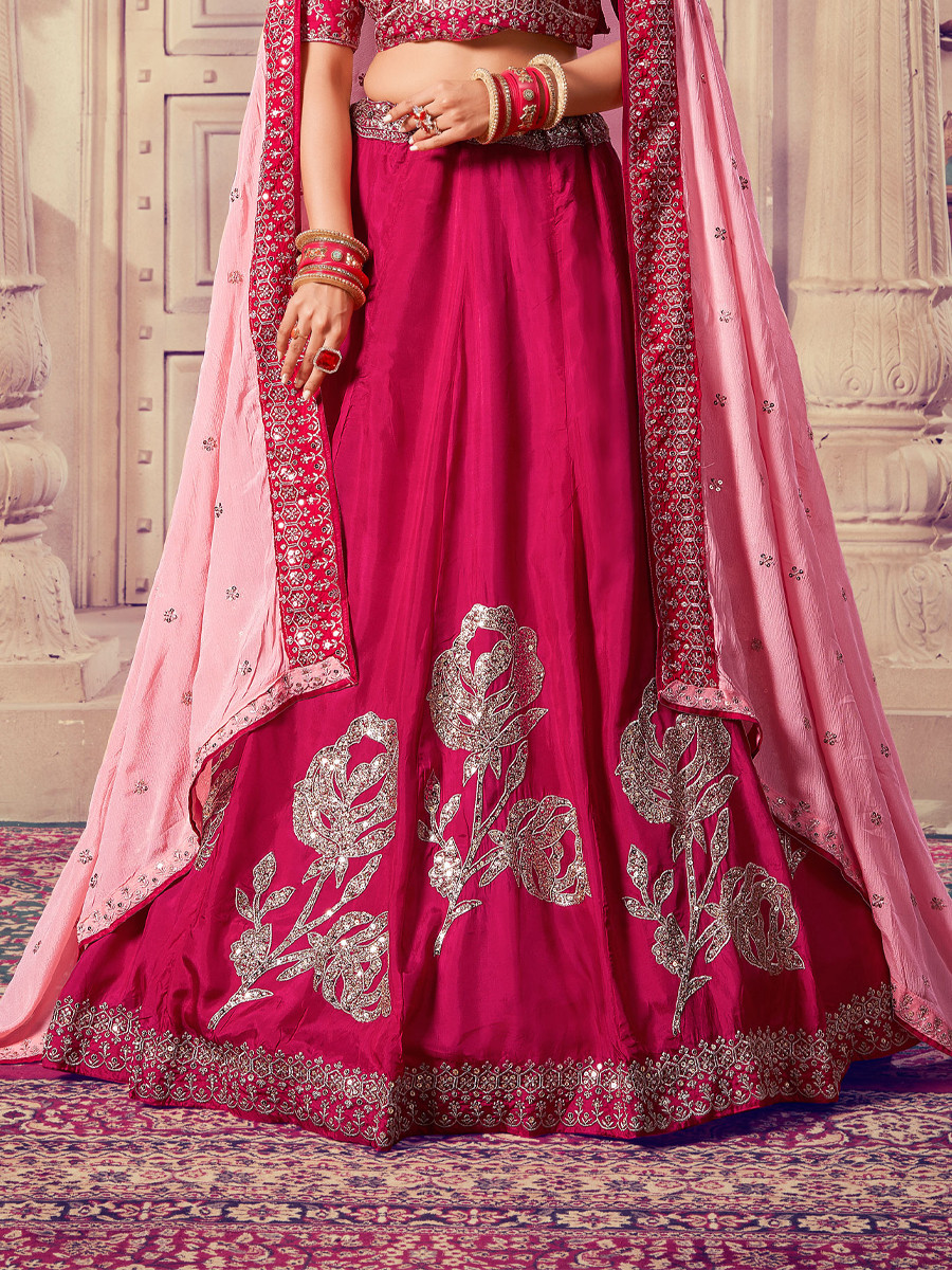 Pink Premium Viscose Upada Silk Embroidered Festival Wedding Heavy Border Lehenga Choli