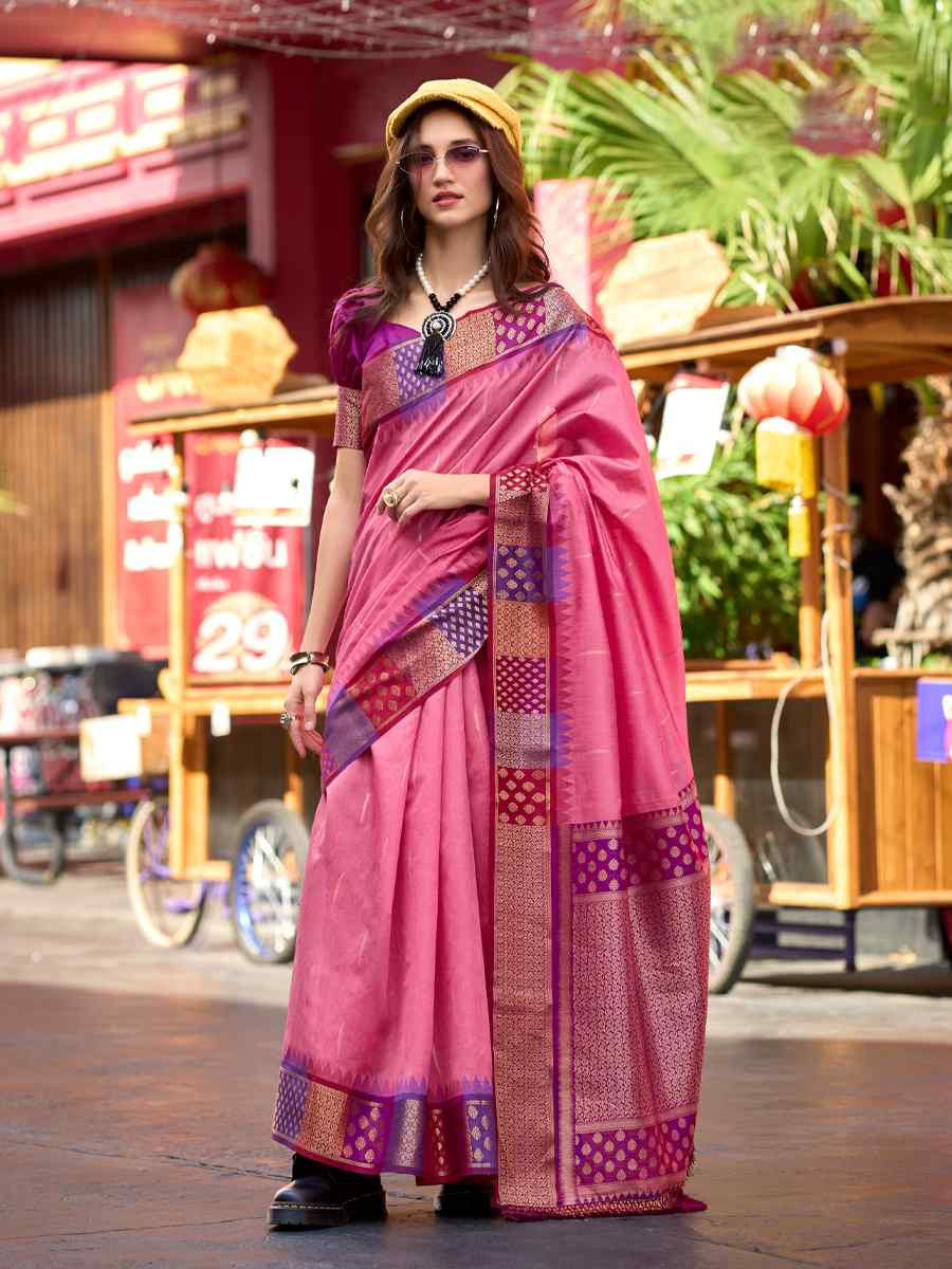 Pink Pure Banarasi Handwoven Festival Wedding Heavy Border Saree