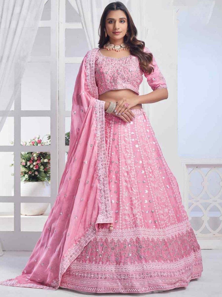 Pink Pure Chiffon Embroidered Bridesmaid Wedding Heavy Border Lehenga Choli