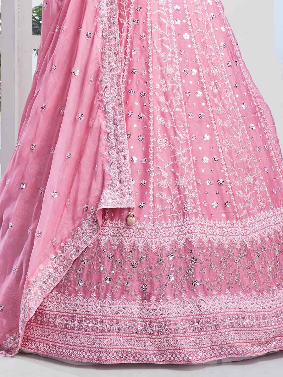 Pink Pure Chiffon Embroidered Bridesmaid Wedding Heavy Border Lehenga Choli