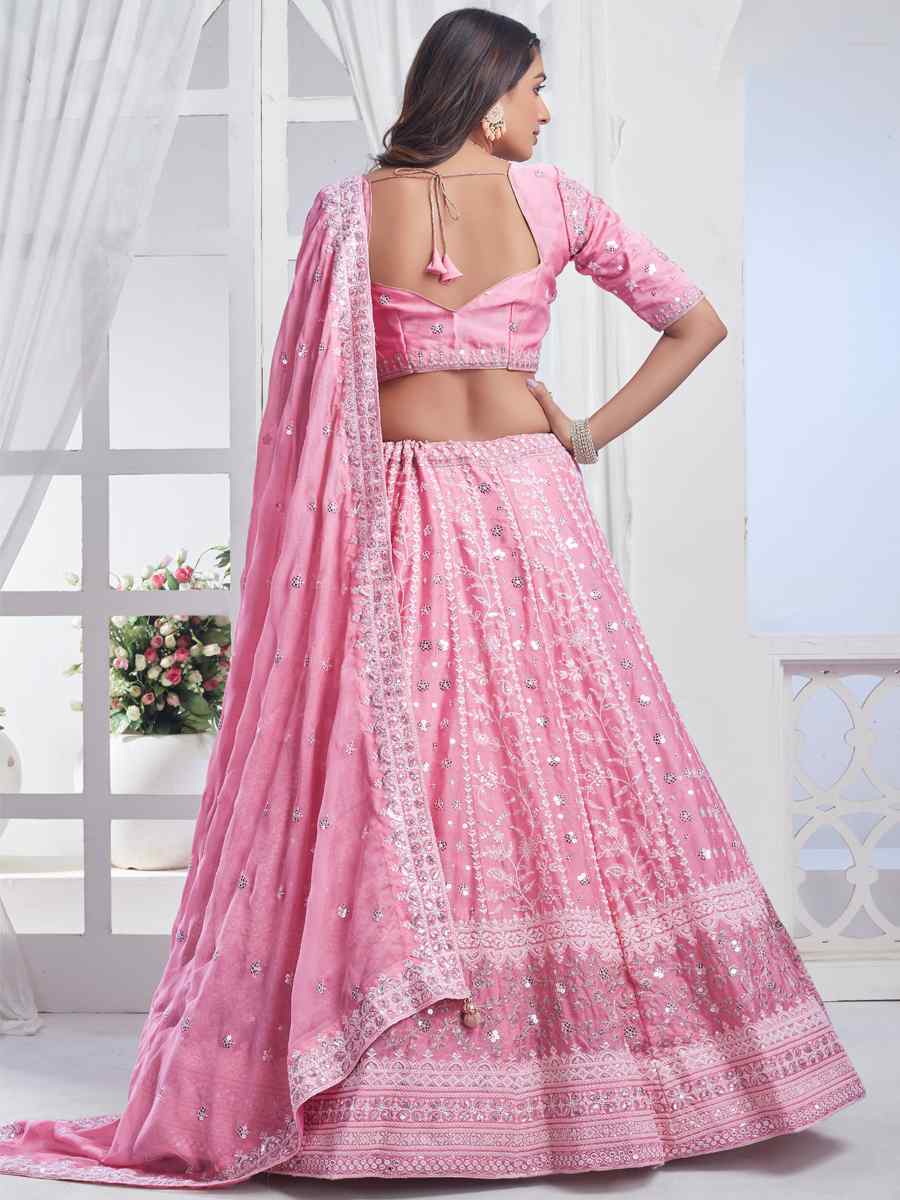 Pink Pure Chiffon Embroidered Bridesmaid Wedding Heavy Border Lehenga Choli