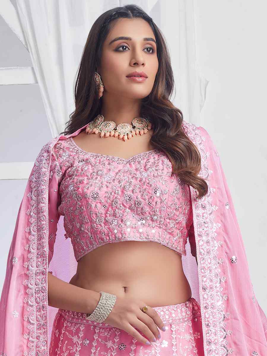 Pink Pure Chiffon Embroidered Bridesmaid Wedding Heavy Border Lehenga Choli