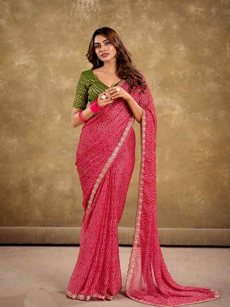 Pink Pure Chiffon Embroidered Festival Wedding Classic Style Saree