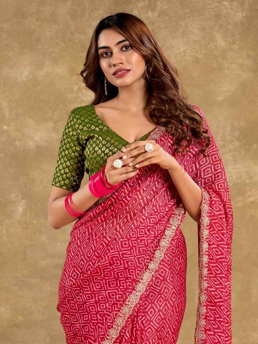 Pink Pure Chiffon Embroidered Festival Wedding Classic Style Saree