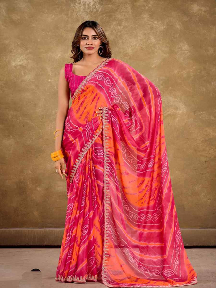 Pink Pure Chiffon Embroidered Festival Wedding Classic Style Saree