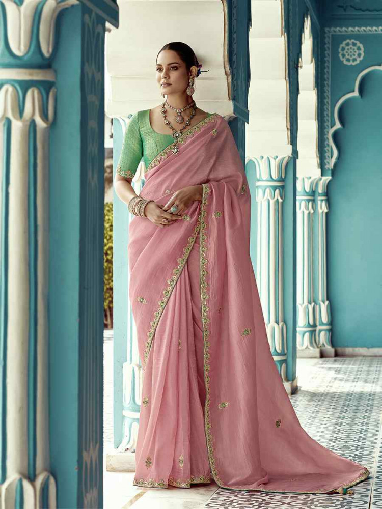 Pink Pure fancy Silk Embroidered Bridesmaid Reception Heavy Border Saree