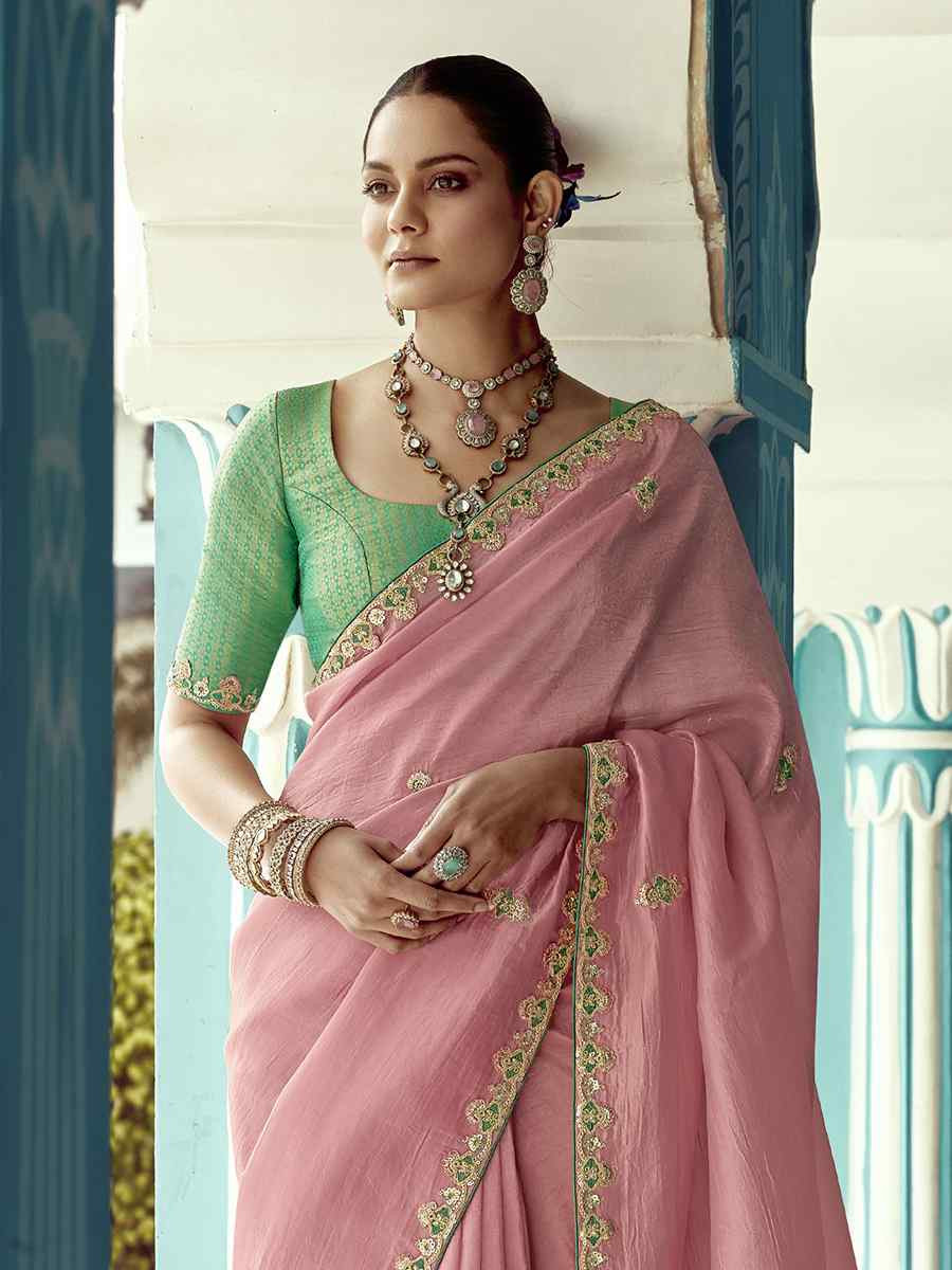 Pink Pure fancy Silk Embroidered Bridesmaid Reception Heavy Border Saree