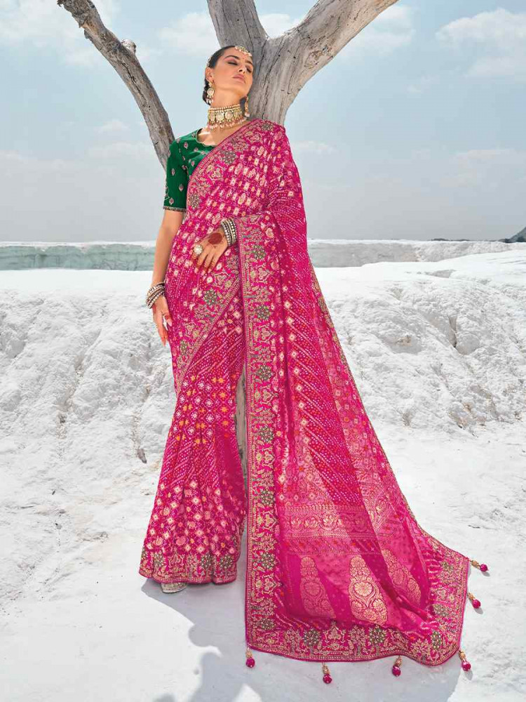 Pink Pure Georgette Embroidered Festival Wedding Heavy Border Saree