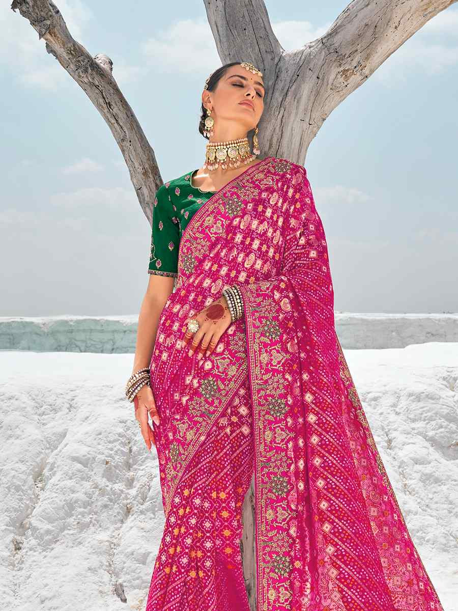 Pink Pure Georgette Embroidered Festival Wedding Heavy Border Saree