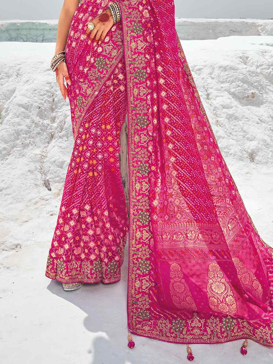 Pink Pure Georgette Embroidered Festival Wedding Heavy Border Saree