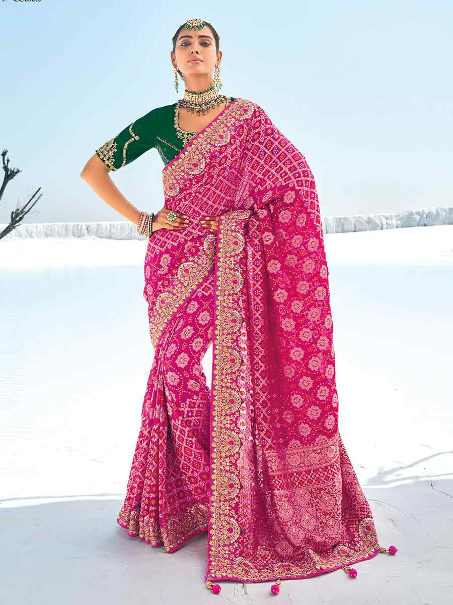 Pink Pure Georgette Embroidered Festival Wedding Heavy Border Saree