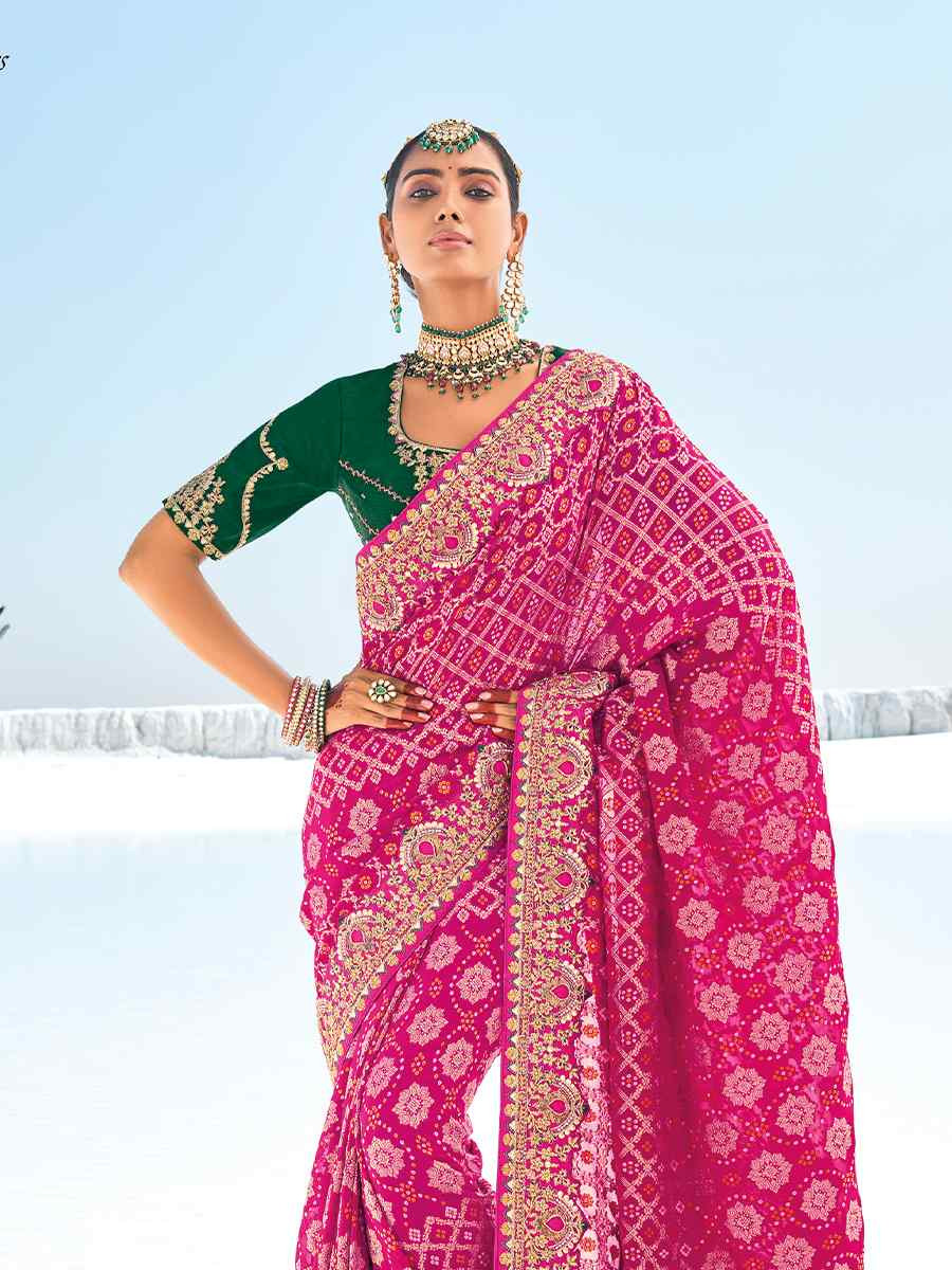 Pink Pure Georgette Embroidered Festival Wedding Heavy Border Saree