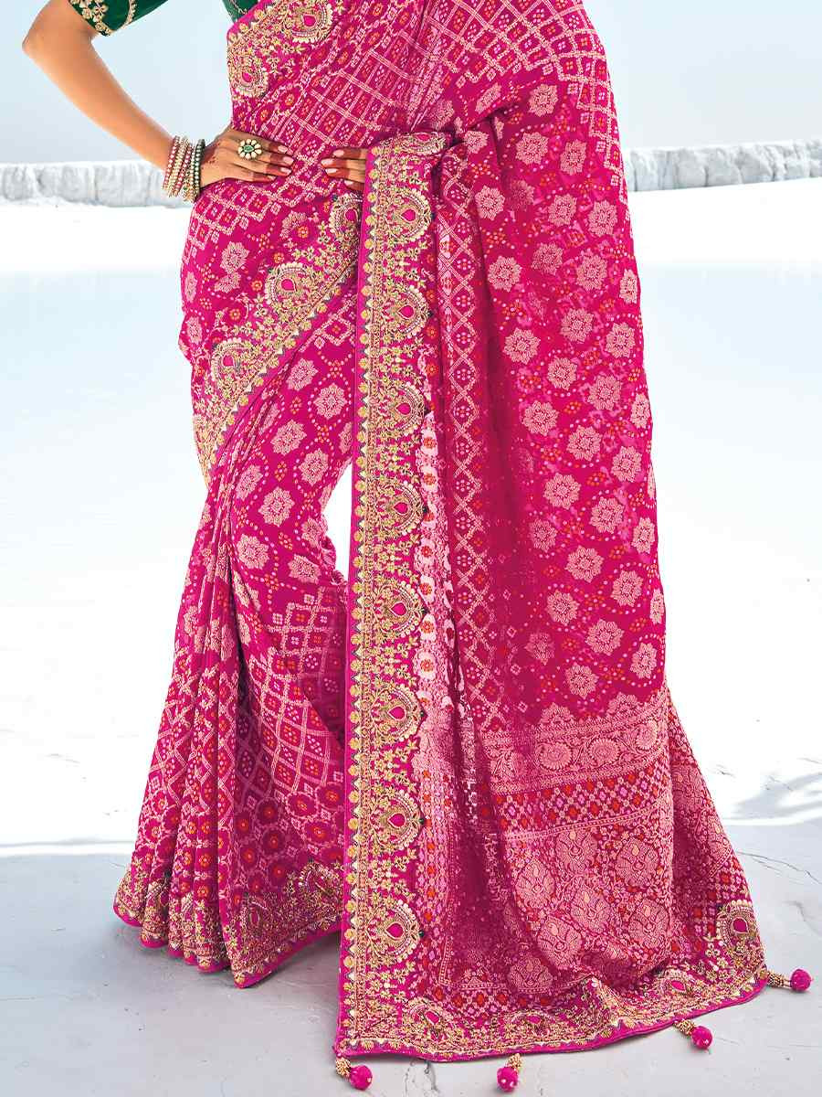 Pink Pure Georgette Embroidered Festival Wedding Heavy Border Saree