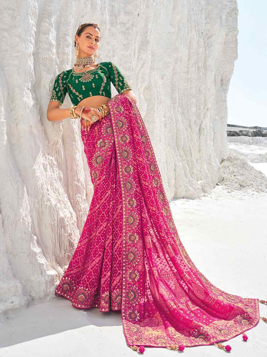 Pink Pure Georgette Embroidered Festival Wedding Heavy Border Saree