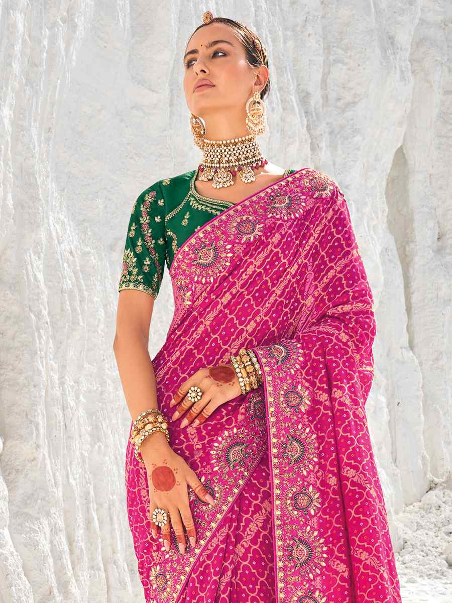 Pink Pure Georgette Embroidered Festival Wedding Heavy Border Saree