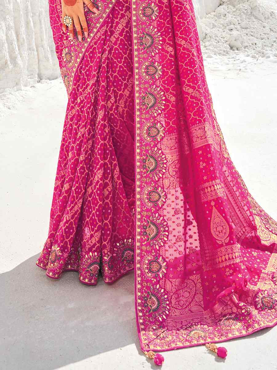 Pink Pure Georgette Embroidered Festival Wedding Heavy Border Saree