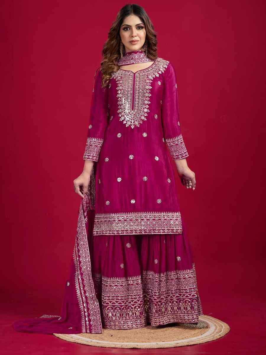 Pink Pure Heavy Chinon Silk Embroidered Festival Wedding Sharara Pant Ready Salwar Kameez