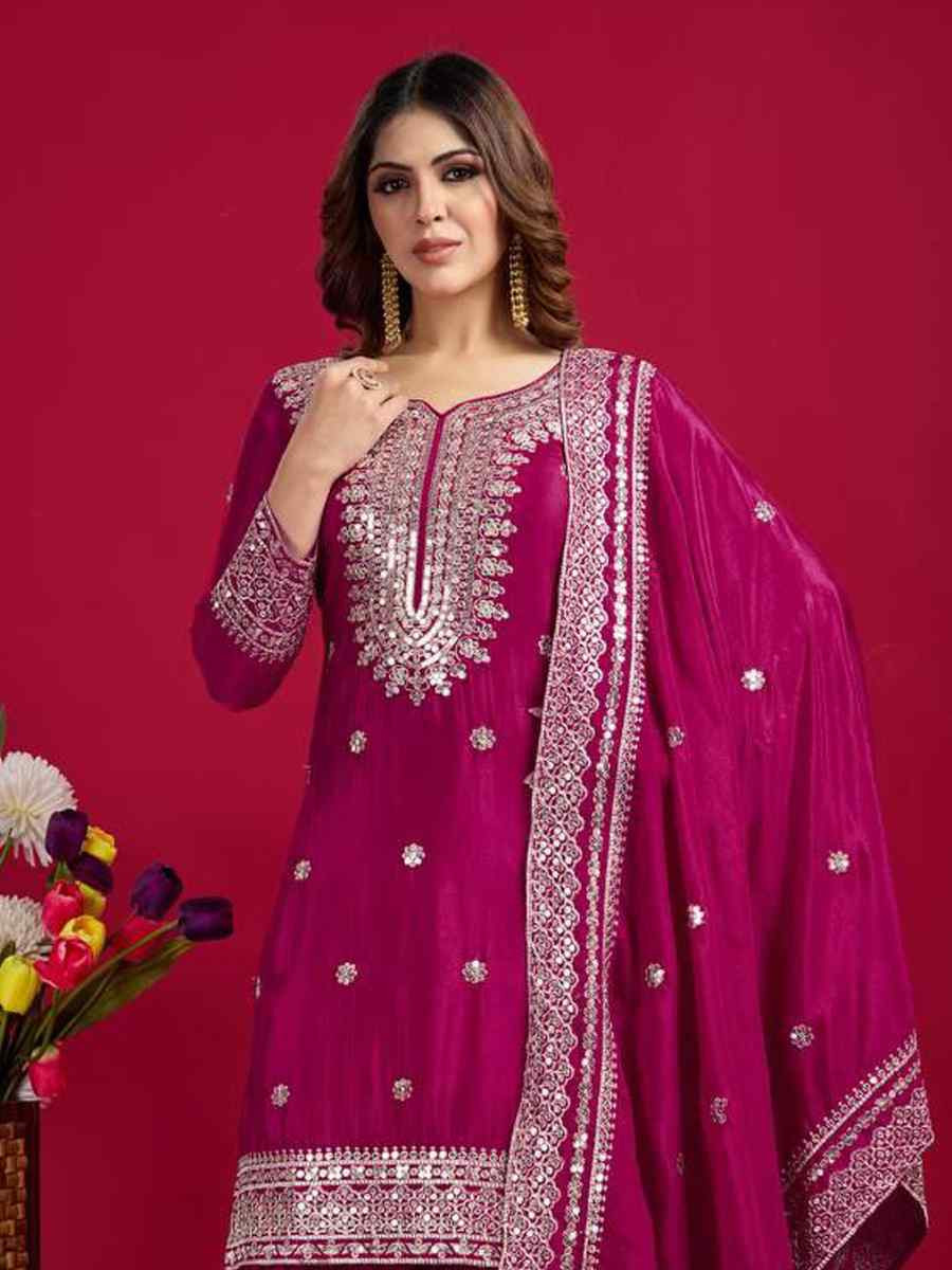 Pink Pure Heavy Chinon Silk Embroidered Festival Wedding Sharara Pant Ready Salwar Kameez