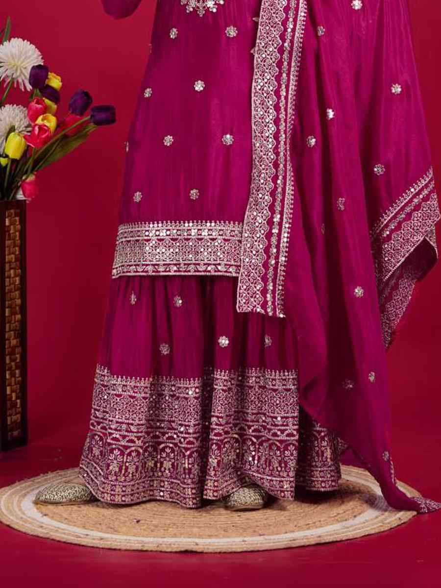 Pink Pure Heavy Chinon Silk Embroidered Festival Wedding Sharara Pant Ready Salwar Kameez