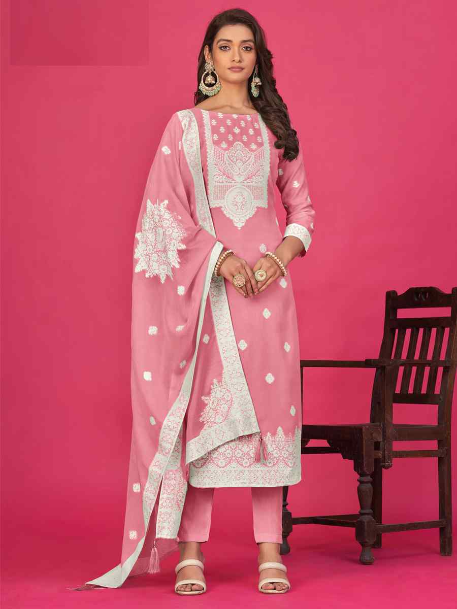 Pink Pure Jacquard Embroidered Casual Festival Pant Salwar Kameez