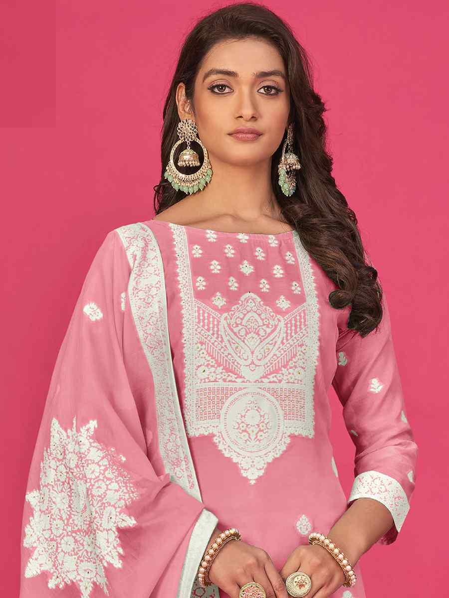 Pink Pure Jacquard Embroidered Casual Festival Pant Salwar Kameez