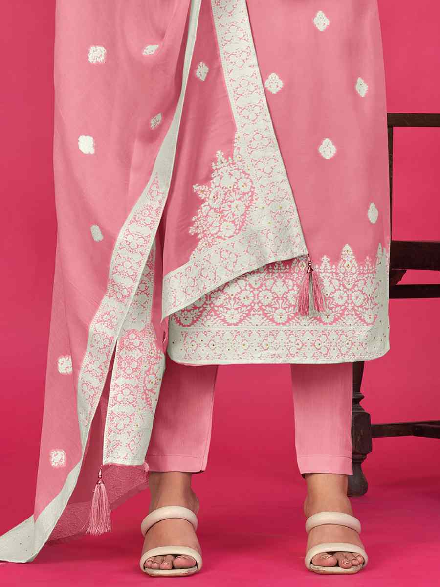 Pink Pure Jacquard Embroidered Casual Festival Pant Salwar Kameez