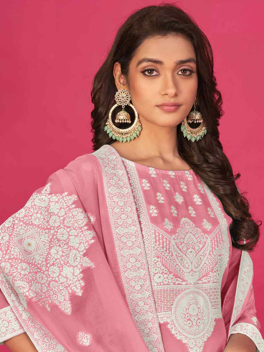 Pink Pure Jacquard Embroidered Casual Festival Pant Salwar Kameez