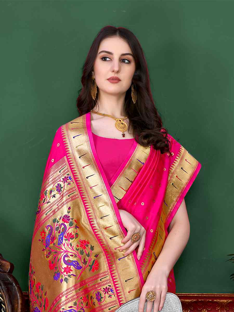 Pink Pure Lichi Silk Handwoven Wedding Festival Heavy Border Saree