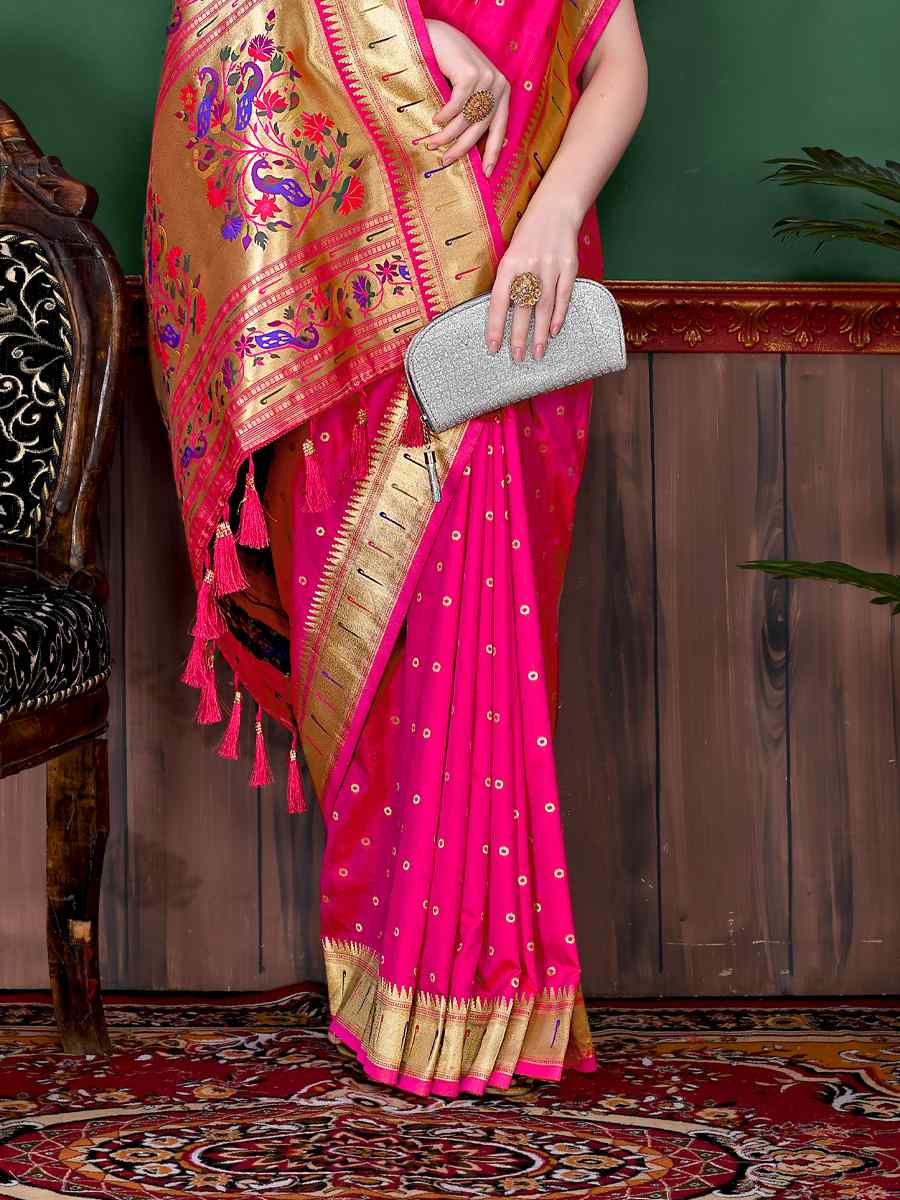 Pink Pure Lichi Silk Handwoven Wedding Festival Heavy Border Saree