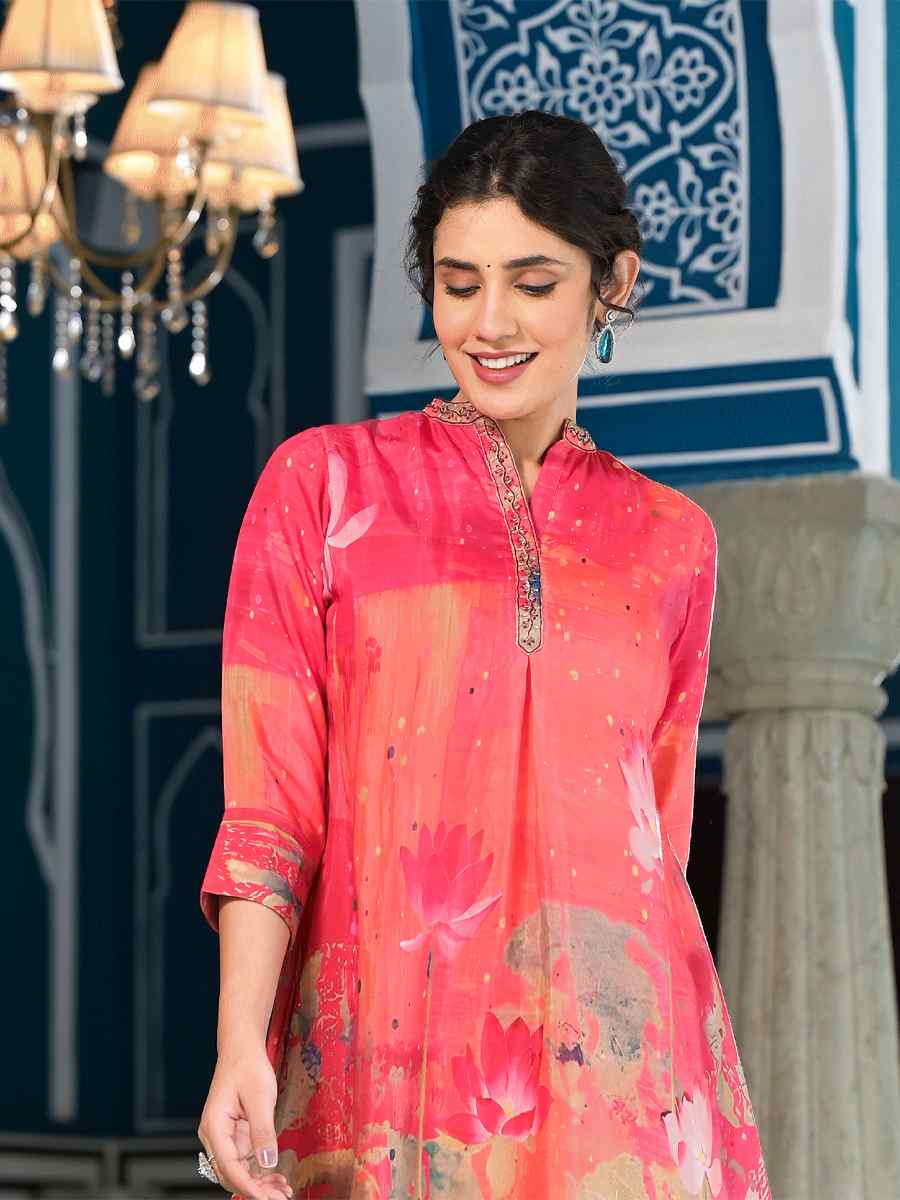 Pink Pure Muslin Printed Festival Casual Kurti