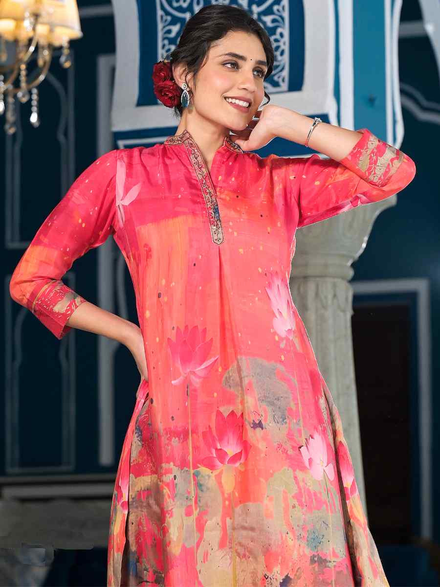 Pink Pure Muslin Printed Festival Casual Kurti