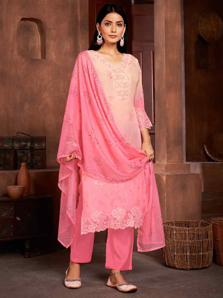 Pink Pure Organza Embroidered Festival Casual Ready Pant Salwar Kameez