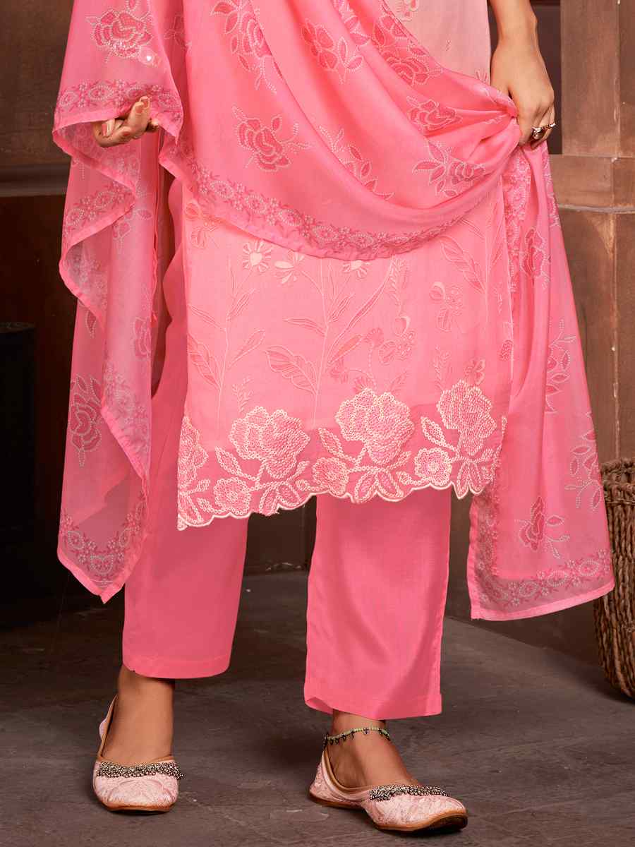 Pink Pure Organza Embroidered Festival Casual Ready Pant Salwar Kameez