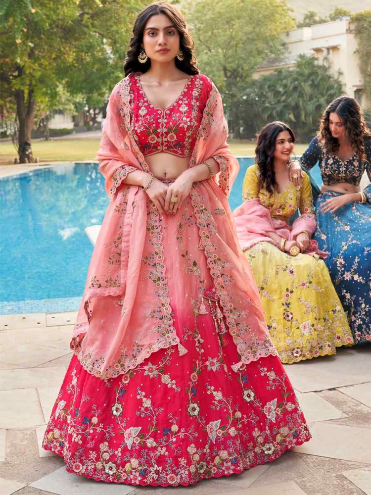 Pink Pure Organza Embroidered Reception Party Wear Heavy Border Lehenga Choli