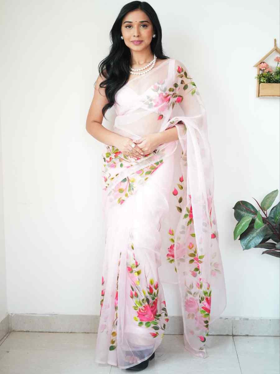 Pink Pure Organza Silk Handwoven Festival Wedding Heavy Border Saree