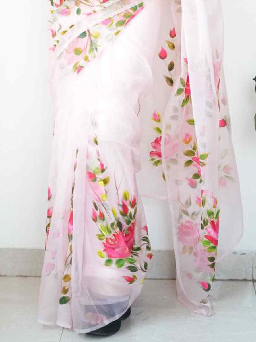 Pink Pure Organza Silk Handwoven Festival Wedding Heavy Border Saree