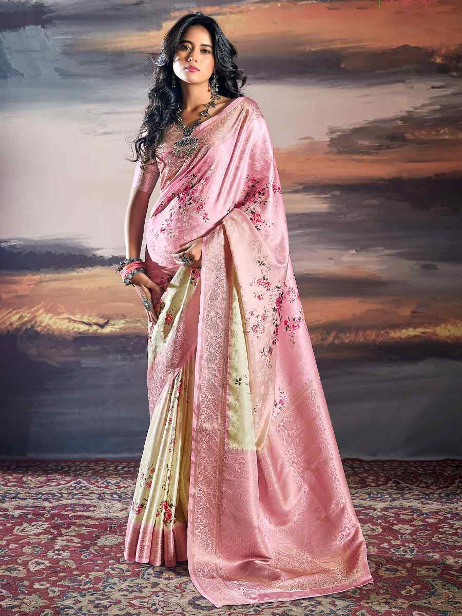 Pink Pure Satin Handwoven Festival Wedding Heavy Border Saree