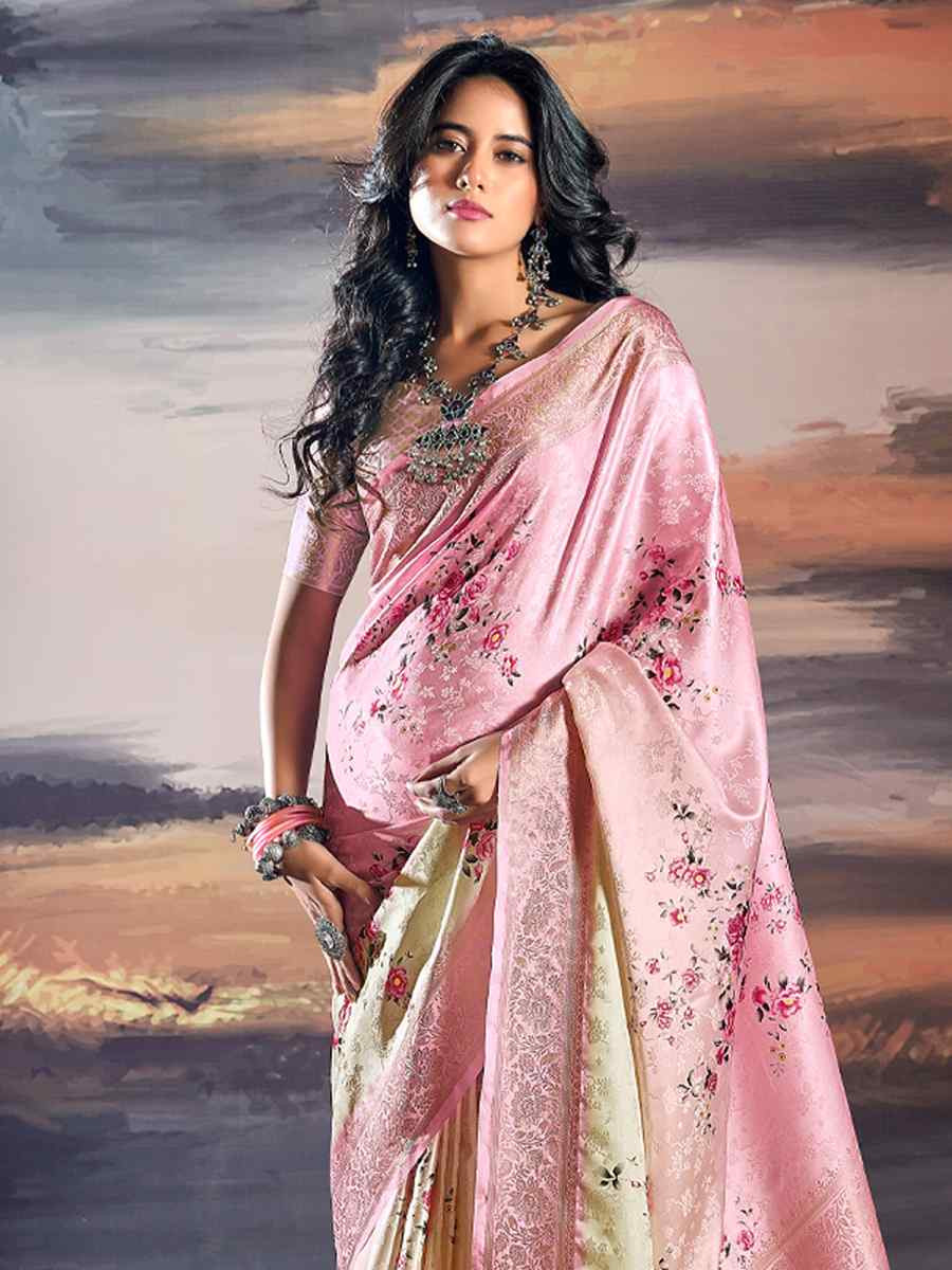 Pink Pure Satin Handwoven Festival Wedding Heavy Border Saree